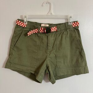 THE GREAT. Olive Green Bike Shorts with Red Checkered Belt Size 2